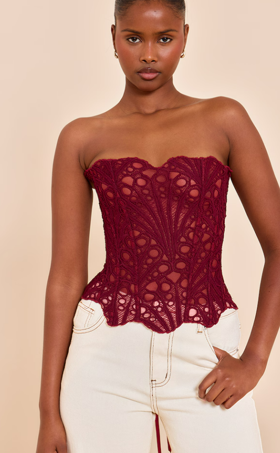 Karawi Wine Textured Floral Lace Corset
