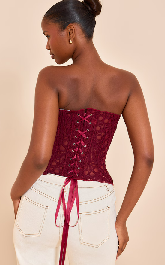 Karawi Wine Textured Floral Lace Corset