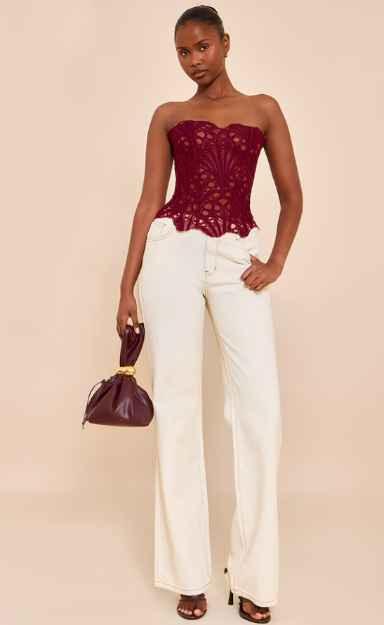 Karawi Wine Textured Floral Lace Corset