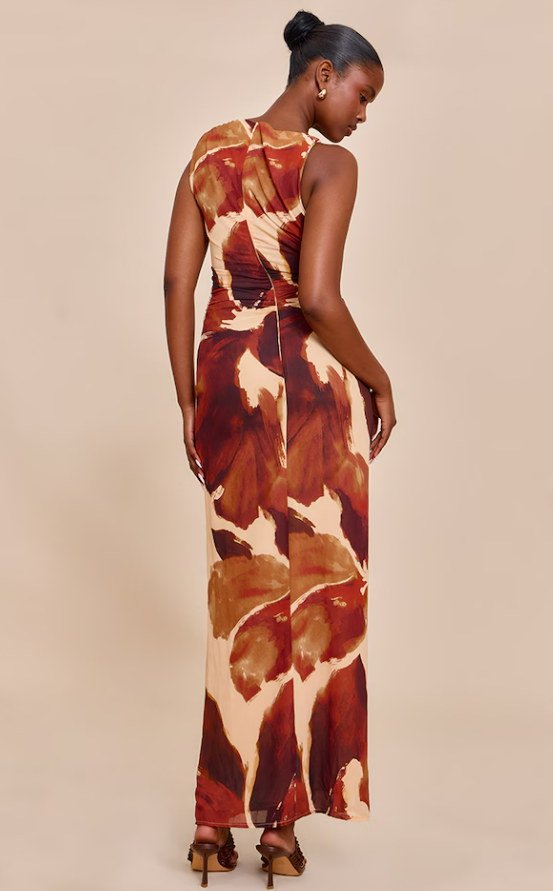 Karawi Brown Floral Printed Floral Chiffon Ruched Maxi Dress